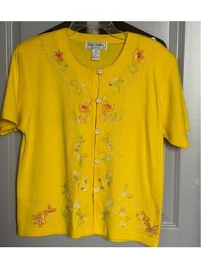 VTG Women's Lisa Ashley Yellow Embroidered Short Sleeve Tee M #063
